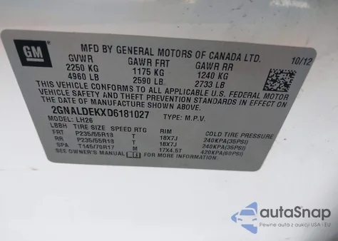 2013 Chevrolet Equinox 1Lt из США, поврежденный, VIN 2GNALDEKXD6181027